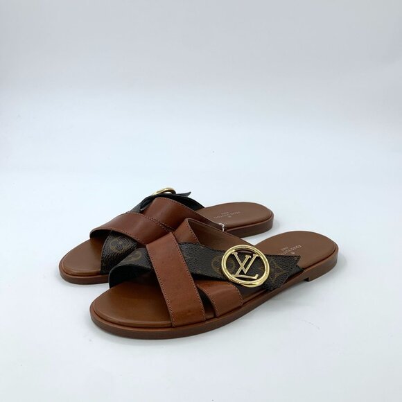Louis Vuitton Womens Brown Monogram Slide Sandals With Gold LV Logo Size 36 - Picture 1 of 9